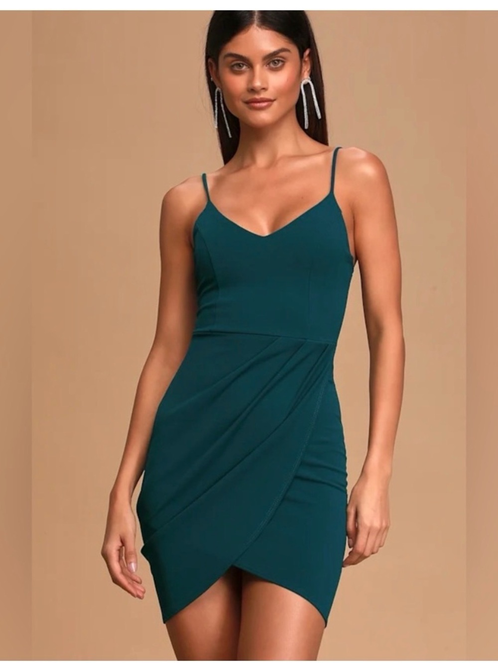 Lulu's Deep Teal Spaghetti-Strap Wrap-Style Mini Dress